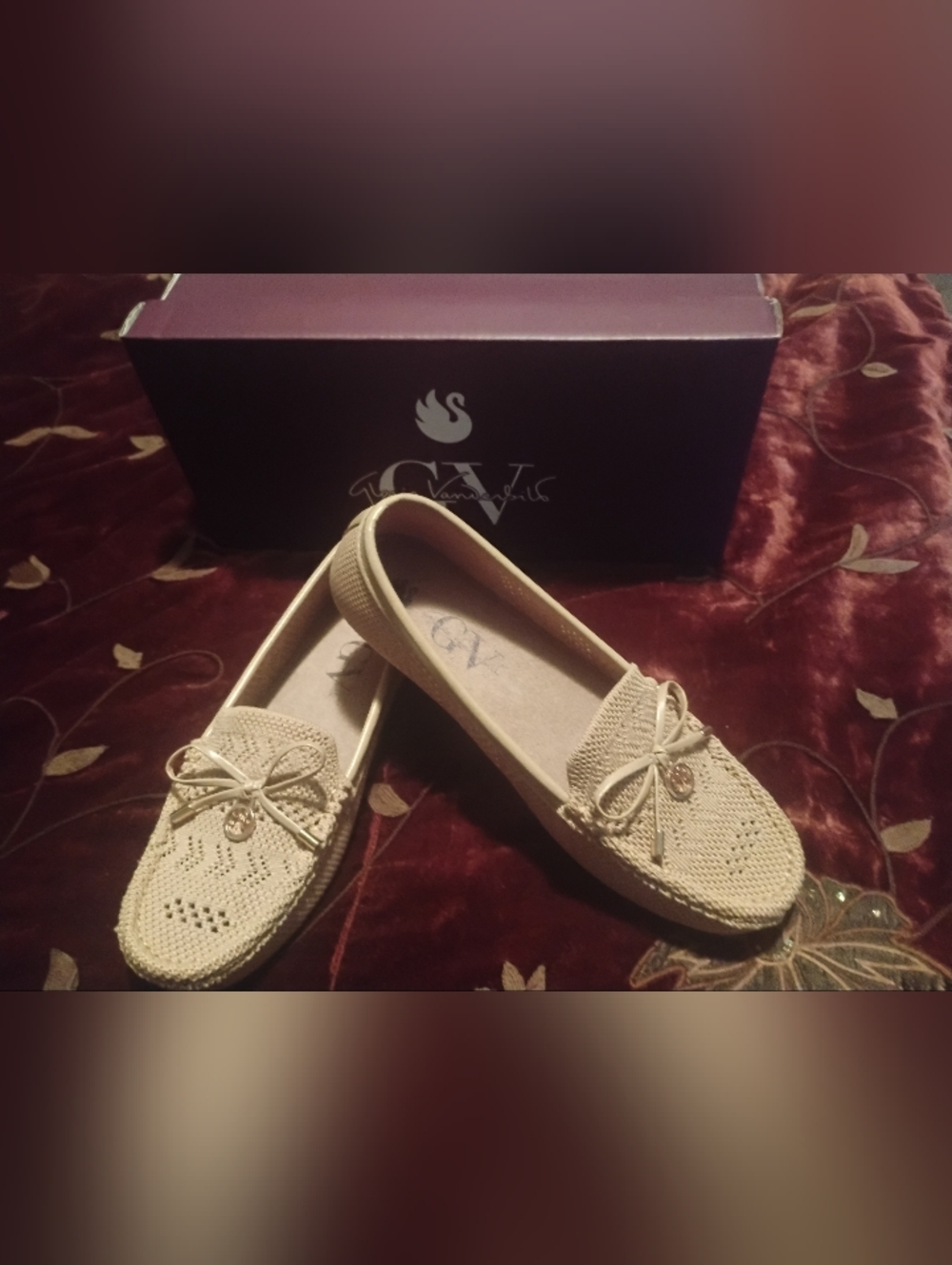 Gloria Vanderbilt Rita Knit Loafers Tan Lurex Bow Charm Flats Women’s 6.5 NIB